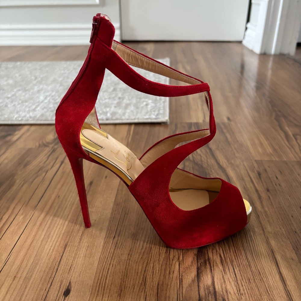 Christian Louboutin ROSIE 120 Suede Platform Pumps Heels Sandals Shoes Red 36.5 - Picture 2 of 8